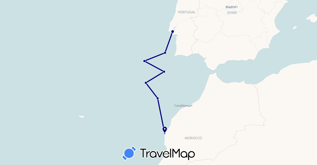 TravelMap itinerary: driving in Morocco, Portugal (Africa, Europe)
